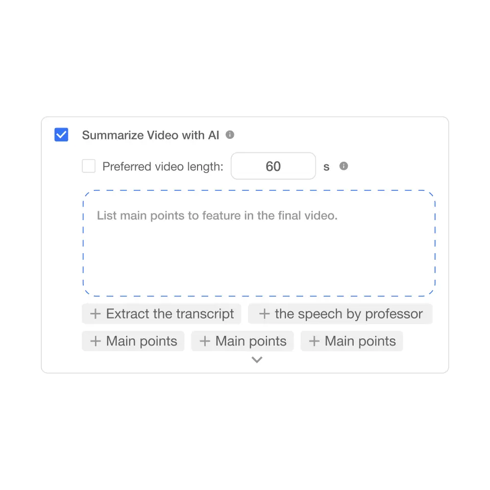 AI Summary tool interface on Visla, with options to summarize key points of a video for concise presentation.